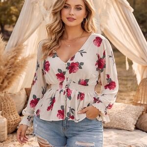Torrid Floral Peplum Top Size 0 (US Large) Cream Red Rose Smocked Waist Boho
